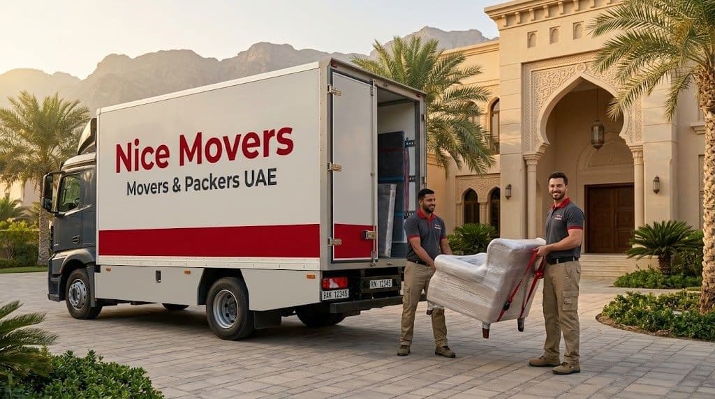 Nice Movers UAE team carrying furniture outside a luxury villa in Ras Al Khaimah with a branded moving truck in the background