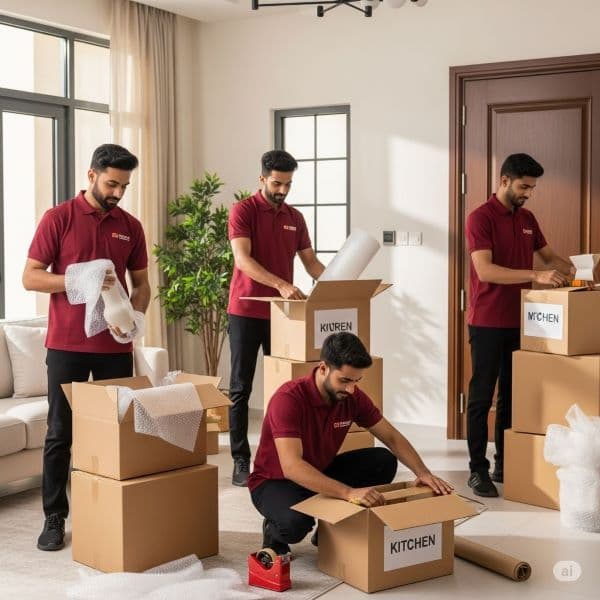 Professional movers in Sharjah packing and unpacking household items with care