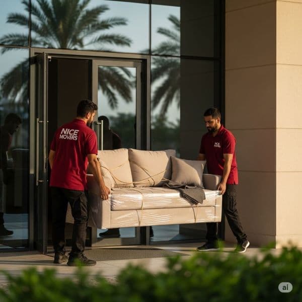 Furniture movers in Sharjah carrying a sofa into a modern apartment