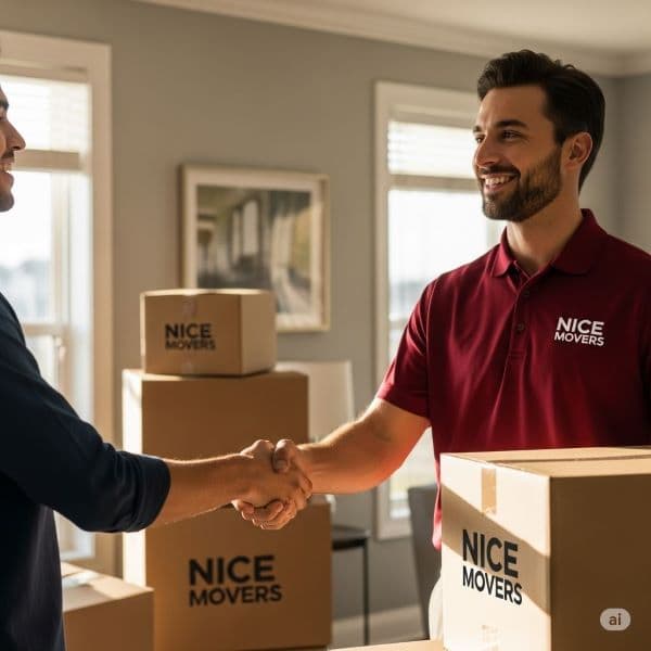 Happy customer shaking hands with a professional mover in Sharjah