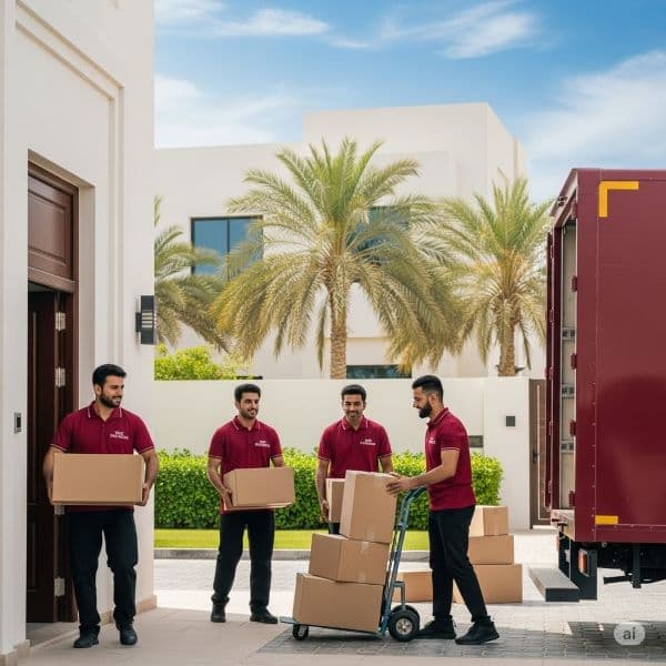 Professional house movers in Sharjah carrying boxes during relocation