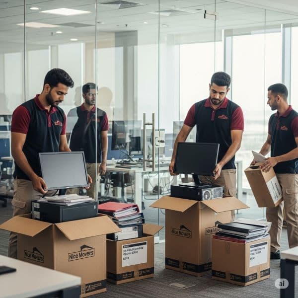 Office movers in Sharjah packing computers and documents for relocation