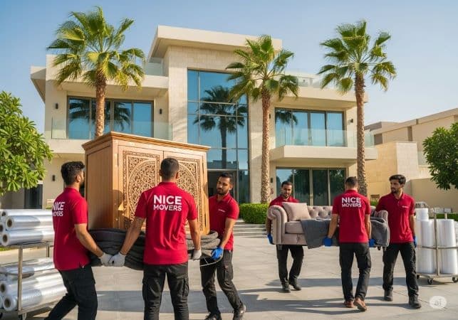 Villa movers in Sharjah carrying luxury furniture from a modern home