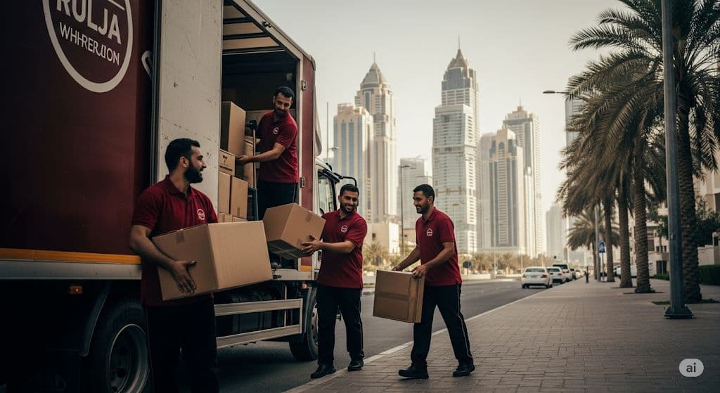 Professional movers in Sharjah loading a branded moving truck with skyline in background