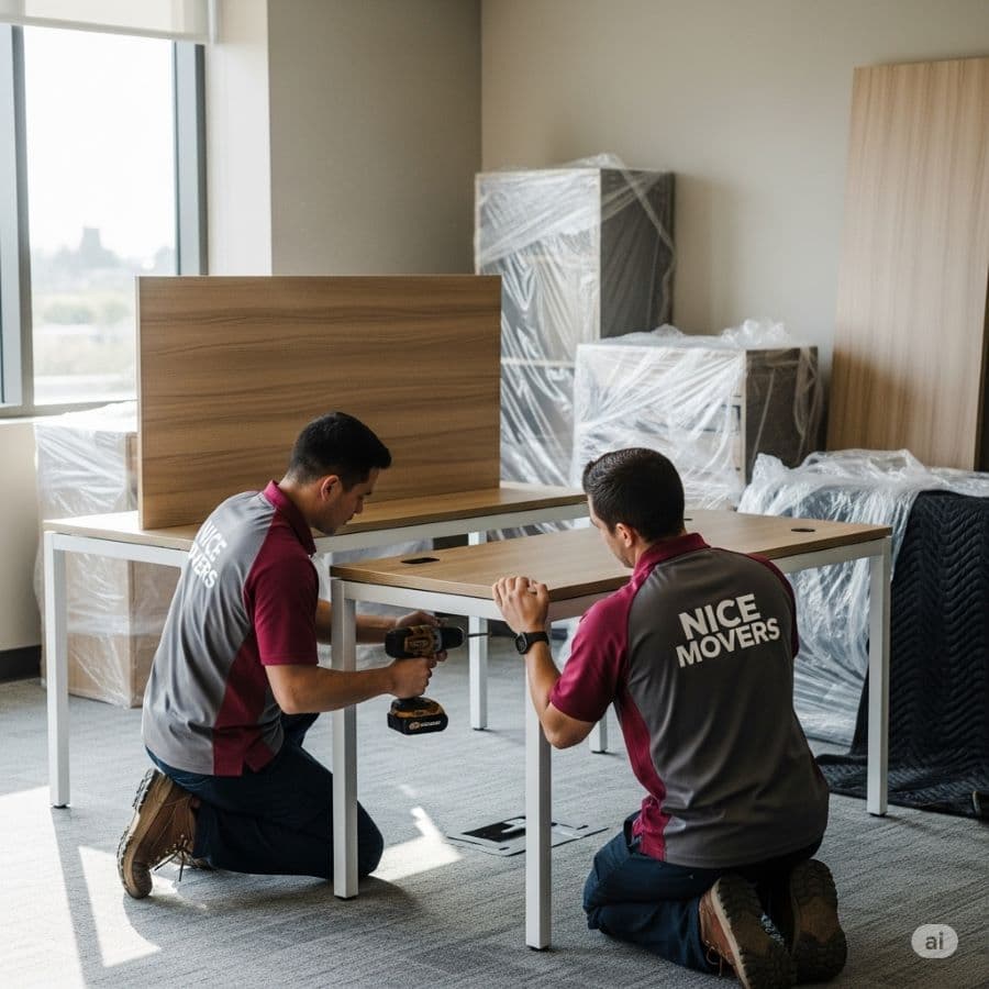 A team of professional office movers from Nice Movers conducting an organized office relocation in Dubai.