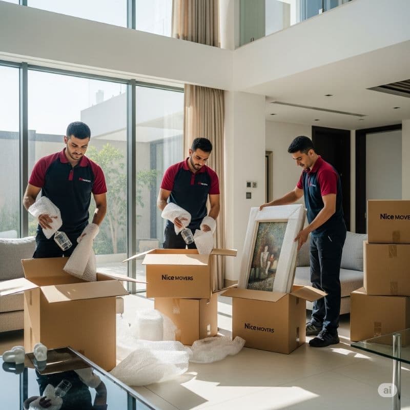 Professional villa movers in Dubai packing fragile items with eco-friendly materials