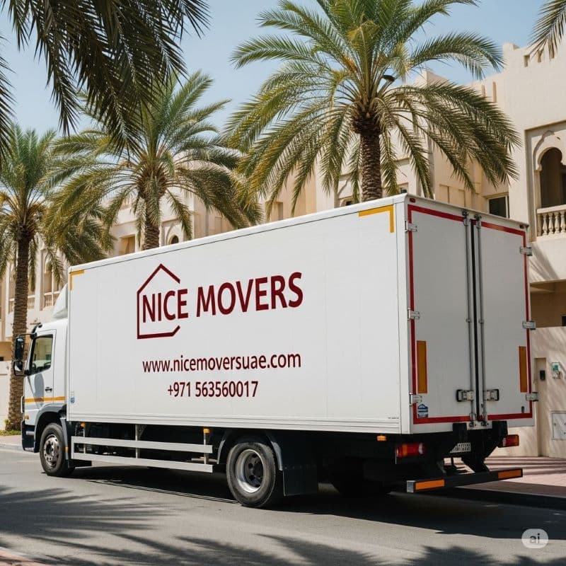 Nice Movers branded moving truck parked in a Sharjah residential area